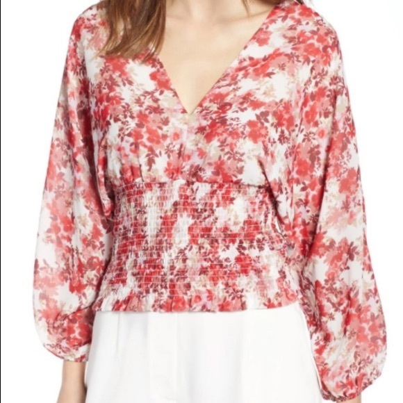 red floral v neck blouse